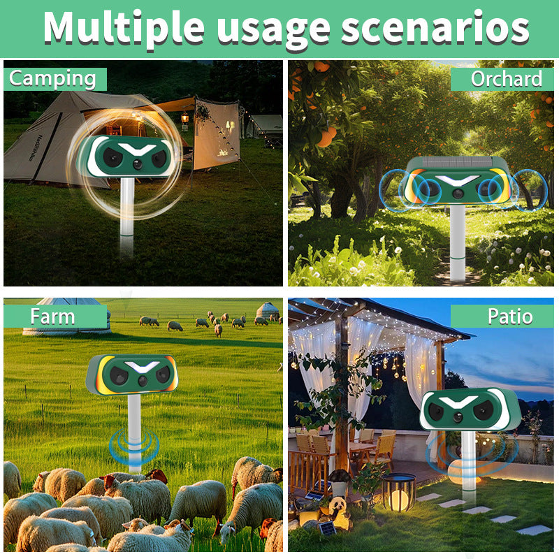 Solar Powered Flame Lamp Animal Repeller - Ultrasonic Bird, Cat, Deer, Rabbit & Rodent Deterrent