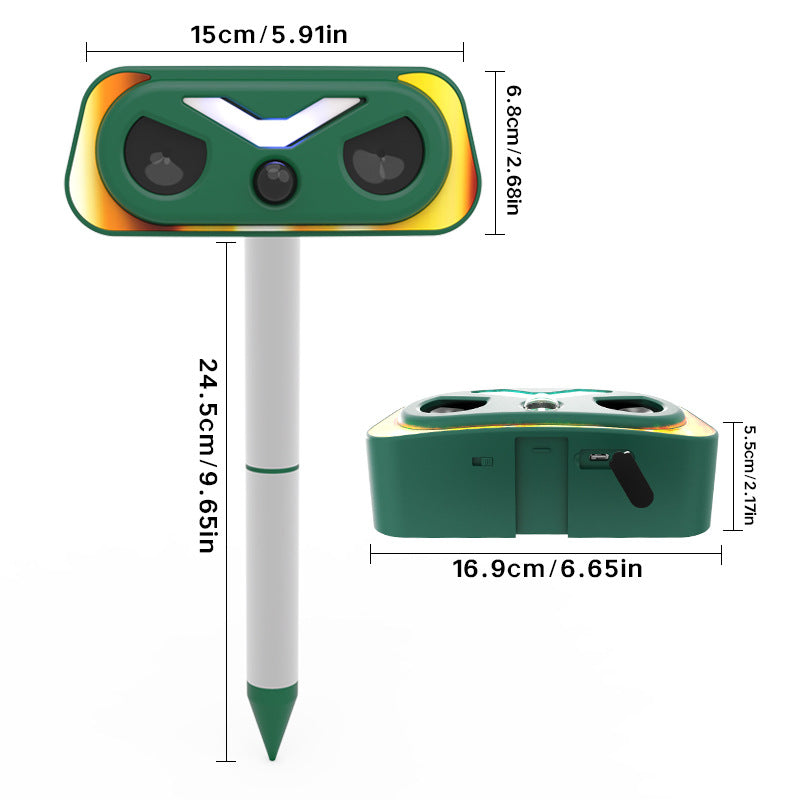 Solar Powered Flame Lamp Animal Repeller - Ultrasonic Bird, Cat, Deer, Rabbit & Rodent Deterrent