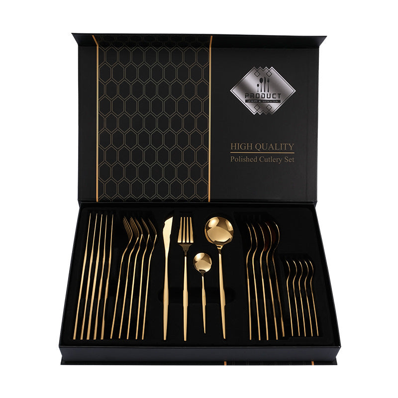 Gold Color Premium 24-Piece Stainless Steel Cutlery Set - Elegant Golden Steak Knife, Fork, and Spoon Set in Luxury Gift Box