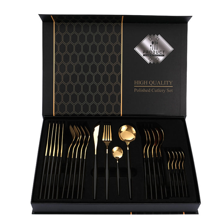 Black Gold Color Premium 24-Piece Stainless Steel Cutlery Set - Elegant Golden Steak Knife, Fork, and Spoon Set in Luxury Gift Box