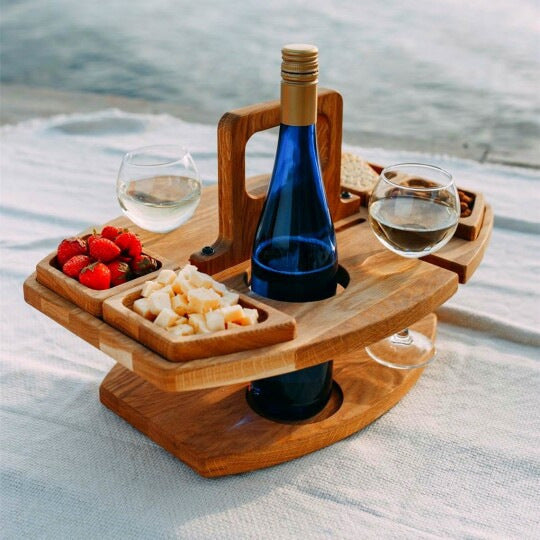 Pine Log Color Portable Wooden Picnic Table - Wine Glass & Snack Holder