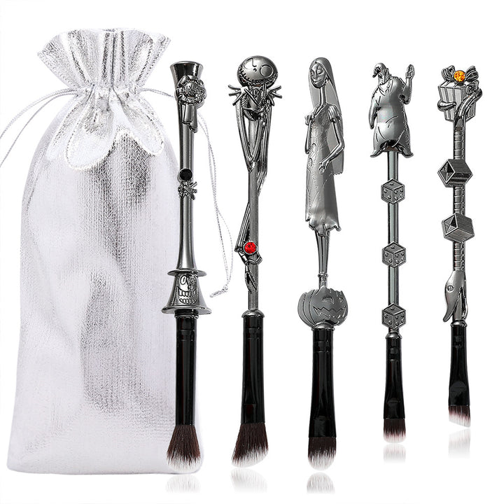 5-Piece Gothic Skeleton Jack Makeup Brush Set - Halloween Horror-Themed Metal Eyeshadow Brushes for Creative Festive Gifts