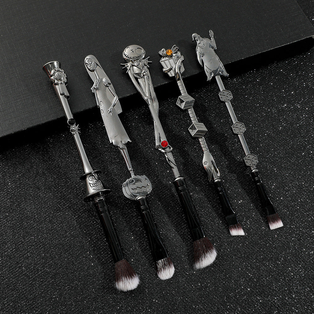 5-Piece Gothic Skeleton Jack Makeup Brush Set - Halloween Horror-Themed Metal Eyeshadow Brushes for Creative Festive Gifts