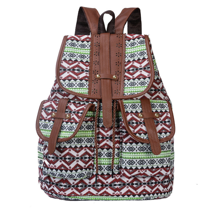 Green Bohemian Style Canvas Backpack - Vintage Tribal Pattern Travel Bag with Leather Straps