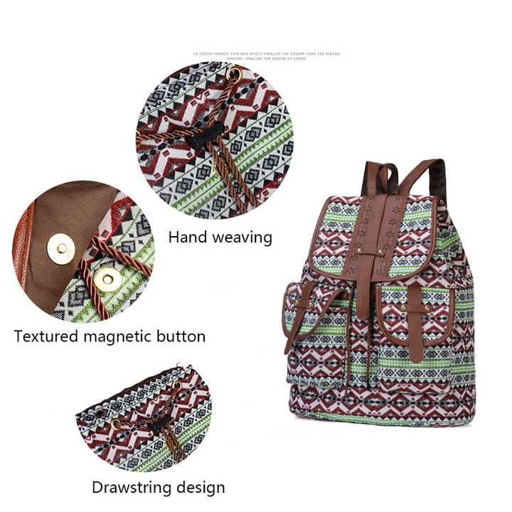 Green Bohemian Style Canvas Backpack - Vintage Tribal Pattern Travel Bag with Leather Straps