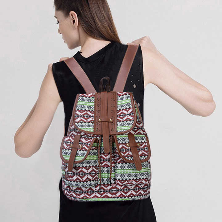 Diamond Pattern Bohemian Style Canvas Backpack - Vintage Tribal Pattern Travel Bag with Leather Straps