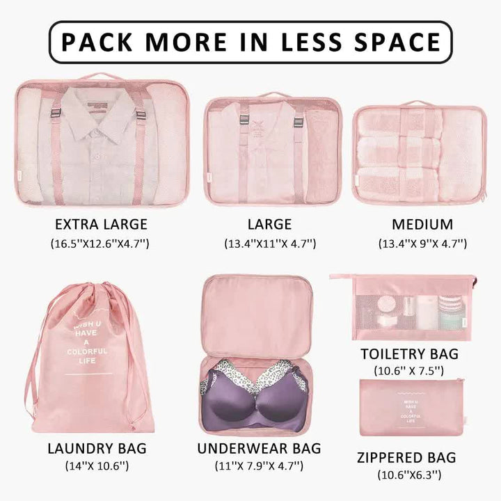 Pink Travel Packing Cube Set - 7-Piece Luggage Organizer for Clothes, Toiletries, and Accessories