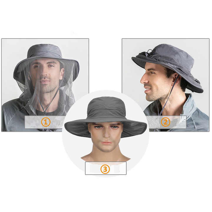 Beige Outdoor Mosquito Net Hat - Sun Protection and Insect Repellent Bucket Hat