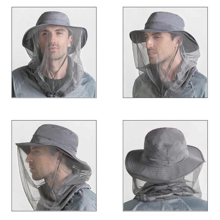 Grey Outdoor Mosquito Net Hat - Sun Protection and Insect Repellent Bucket Hat