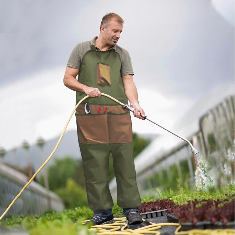 Khaki Pocket Heavy-Duty Gardening Apron with Adjustable Straps and Multi-Pocket Design