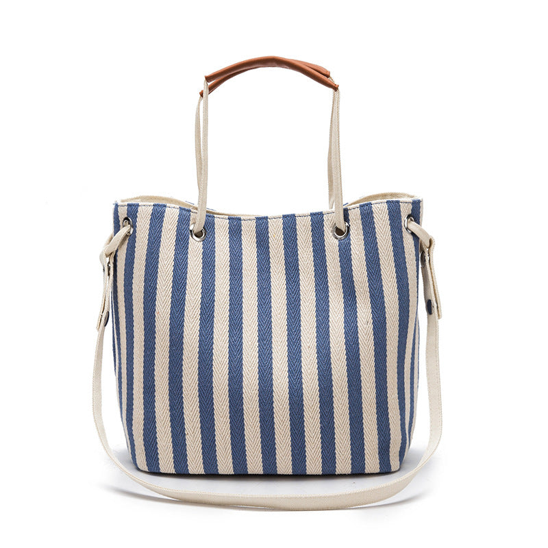 Light Blue Stripes Canvas Bucket Tote Bag with Leather Handle