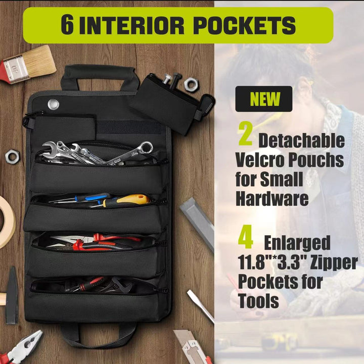 Heavy-Duty Tool Organizer Roll with Detachable Pouches