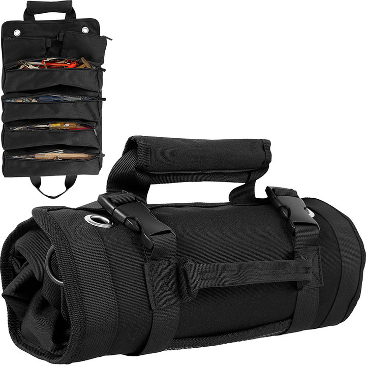 Black Portable Roll-Up Tool Organizer with Zippered Pockets