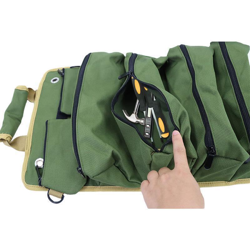 Green Portable Roll-Up Tool Organizer with Zippered Pockets