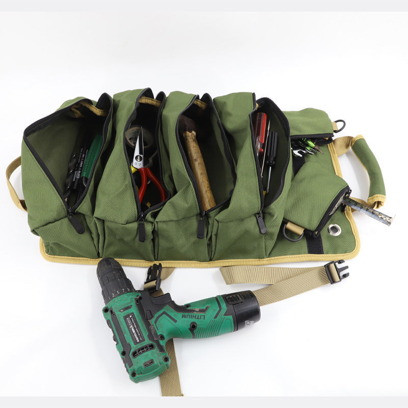 Khaki Portable Roll-Up Tool Organizer with Zippered Pockets