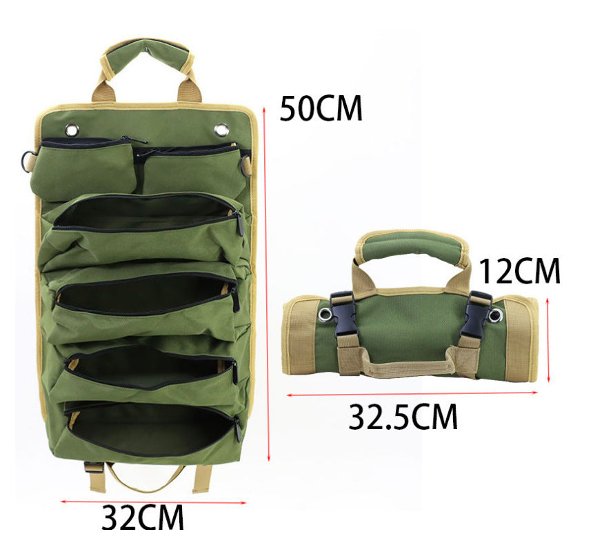 Khaki Portable Roll-Up Tool Organizer with Zippered Pockets