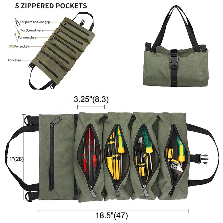 Khaki 5-Pocket Roll-Up Tool Bag Organizer