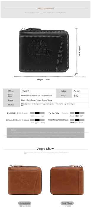 Black Men's Leather Wallet with Zipper and Horse Embossed Design -  Compact and Stylish