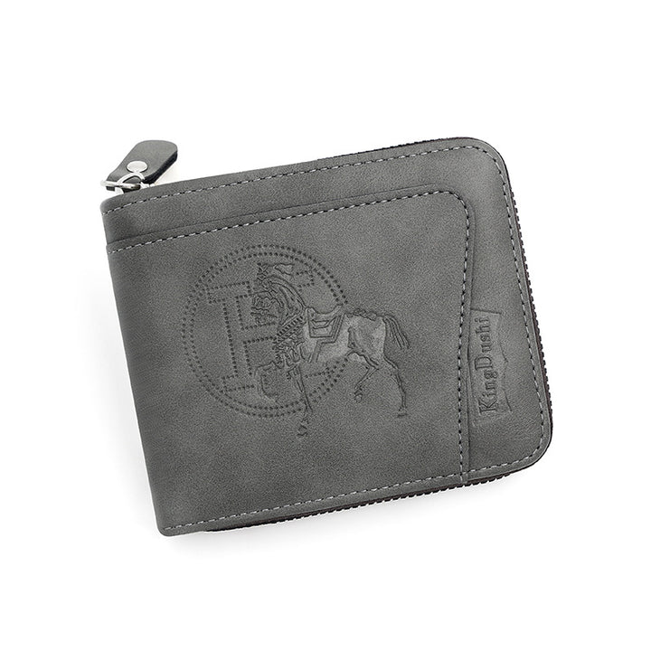 Grey Men's Leather Wallet with Zipper and Horse Embossed Design -  Compact and Stylish