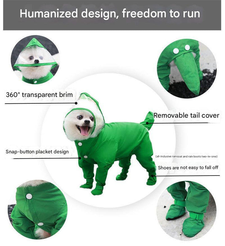 S Green Waterproof Full-Cover Pet Raincoat with Hood and Booties