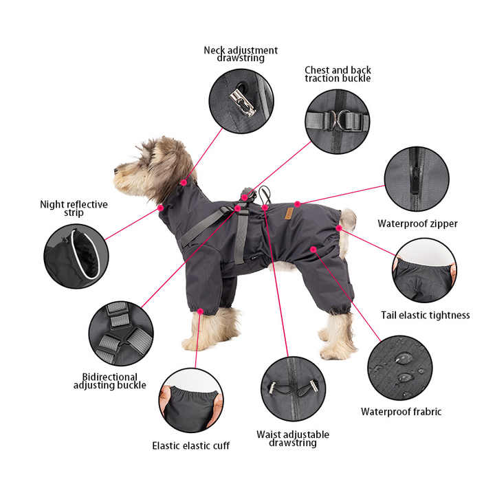 S Laser Adjustable Waterproof Reflective Dog Raincoat with Harness Design