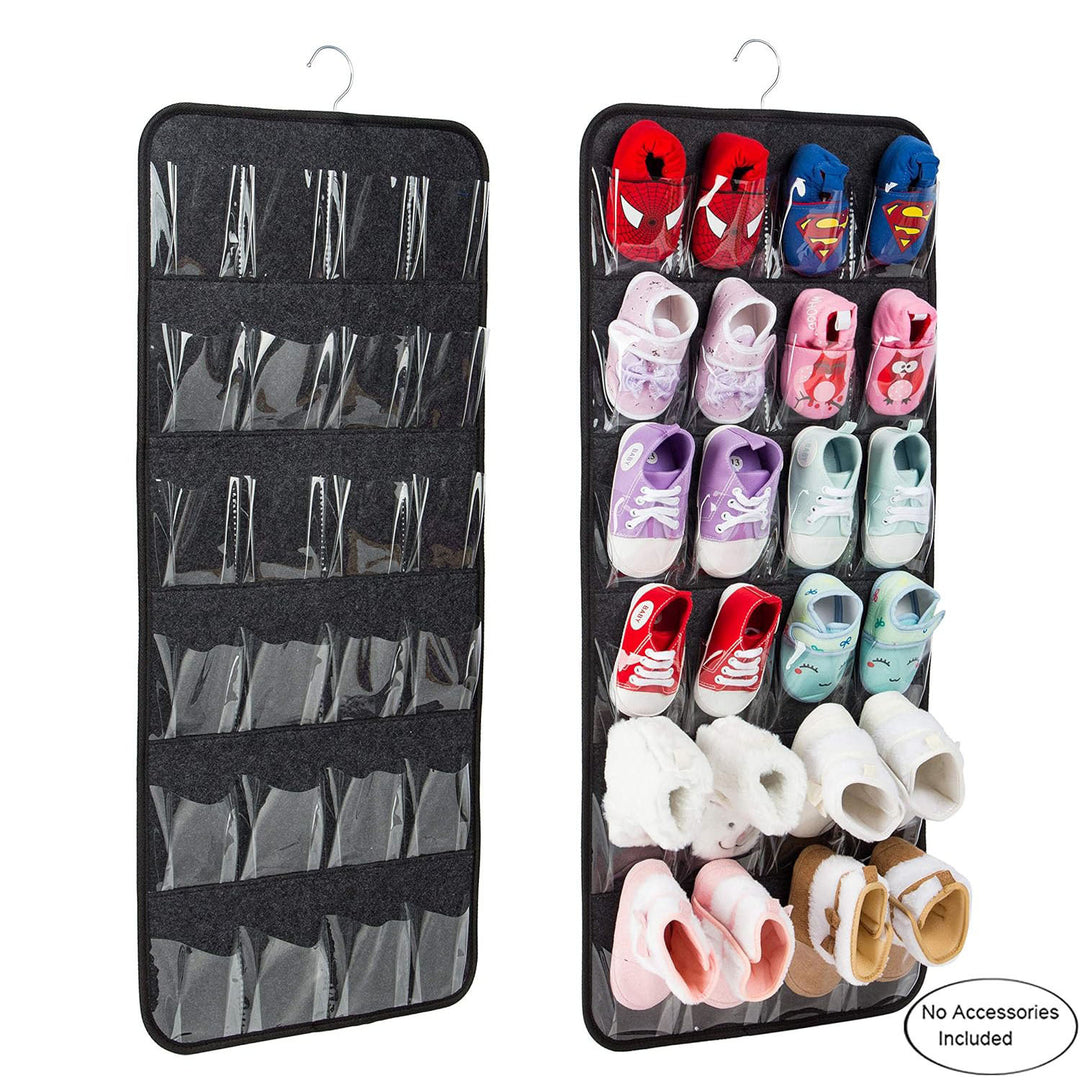 Dark Grey Hanging Felt Shoe Organizer with 24 Clear Pockets - Anti-Rust Metal Hanger Included, Perfect for Shoes, Toys, and Accessories