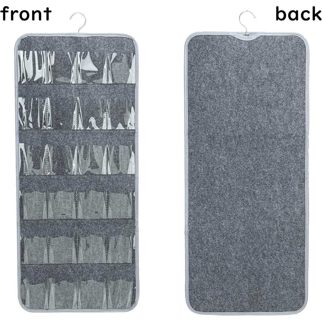 Grey Hanging Felt Shoe Organizer with 24 Clear Pockets - Anti-Rust Metal Hanger Included, Perfect for Shoes, Toys, and Accessories