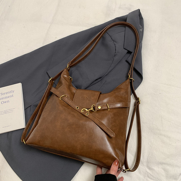 Brown Elegant Faux Leather Shoulder Bag with Adjustable Strap