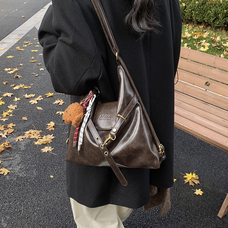 Brown Elegant Faux Leather Shoulder Bag with Adjustable Strap