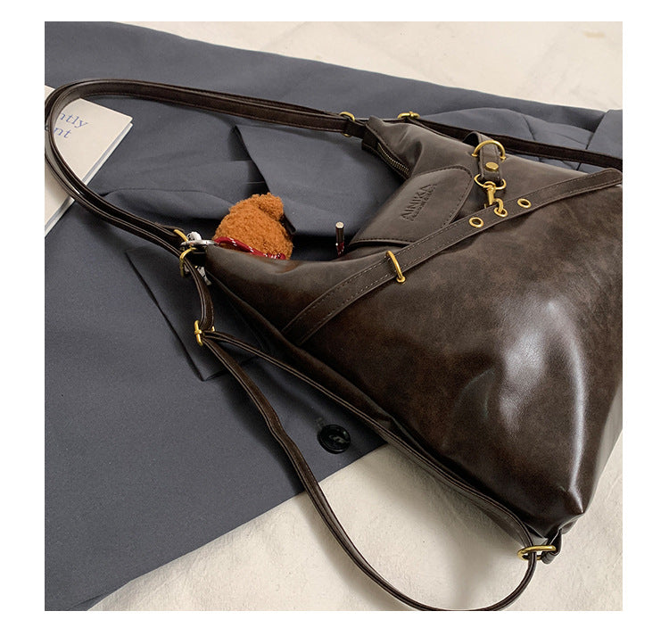 Brown Elegant Faux Leather Shoulder Bag with Adjustable Strap