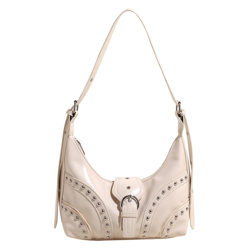 White Vintage Studded PU Leather Shoulder Bag with Adjustable Strap