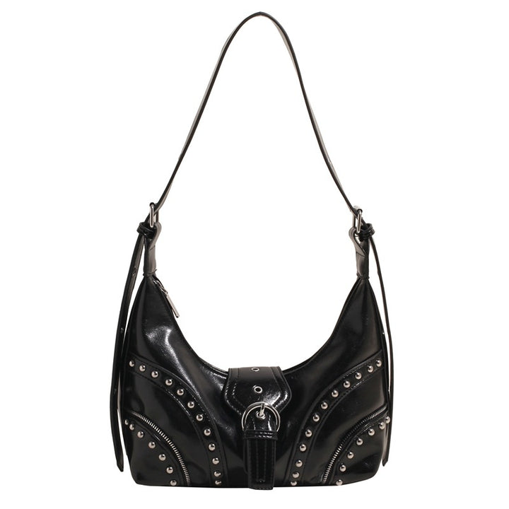 Black Vintage Studded PU Leather Shoulder Bag with Adjustable Strap