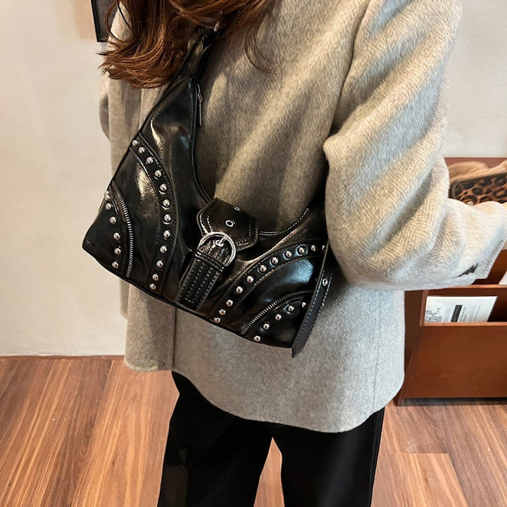 Black Vintage Studded PU Leather Shoulder Bag with Adjustable Strap