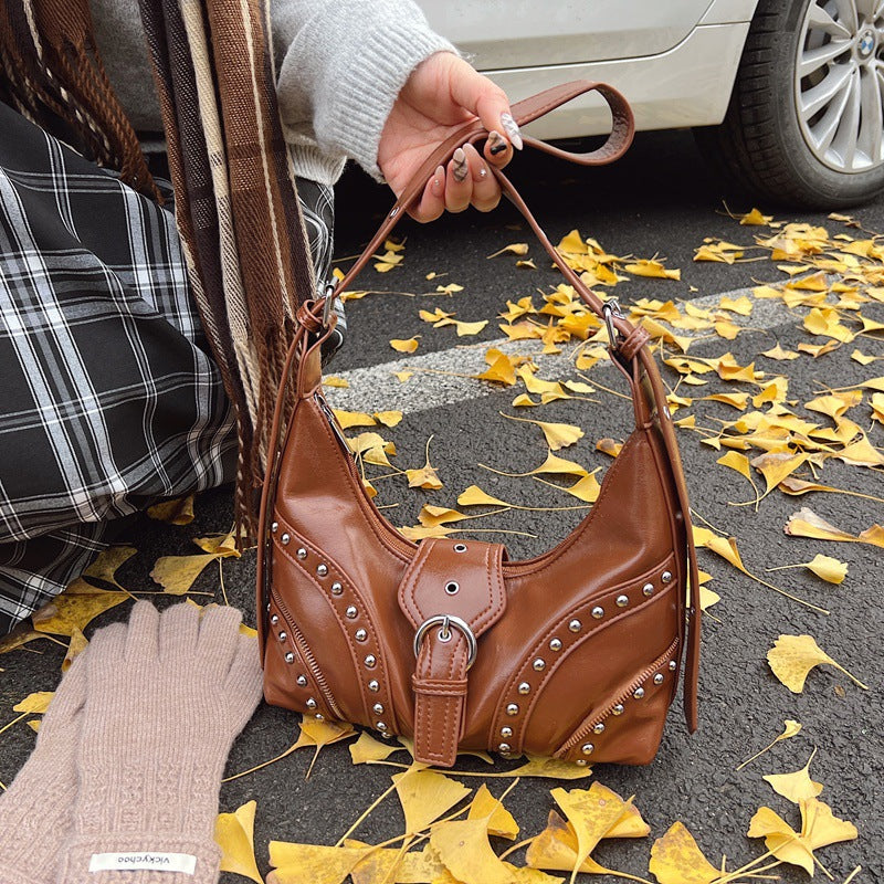 Brown Vintage Studded PU Leather Shoulder Bag with Adjustable Strap