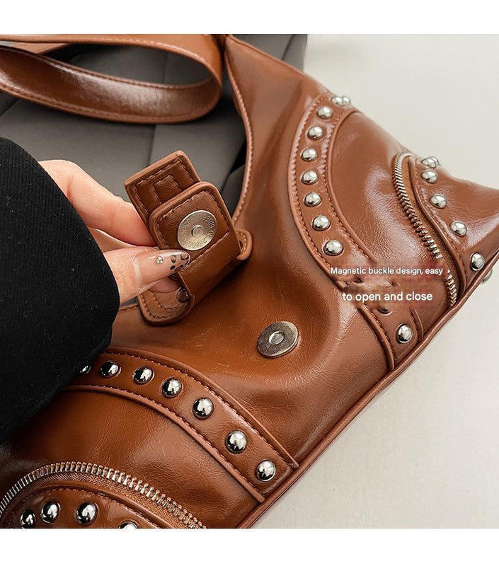 Brown Vintage Studded PU Leather Shoulder Bag with Adjustable Strap