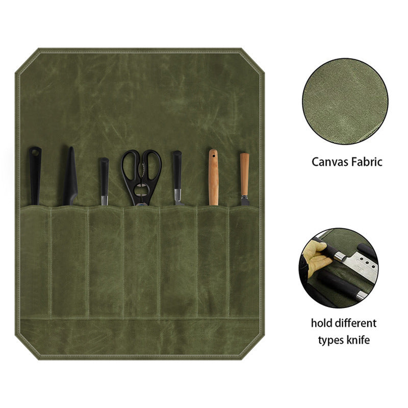 Green Durable Waxed Canvas Knife Roll Bag - Portable Chef Tool Organizer