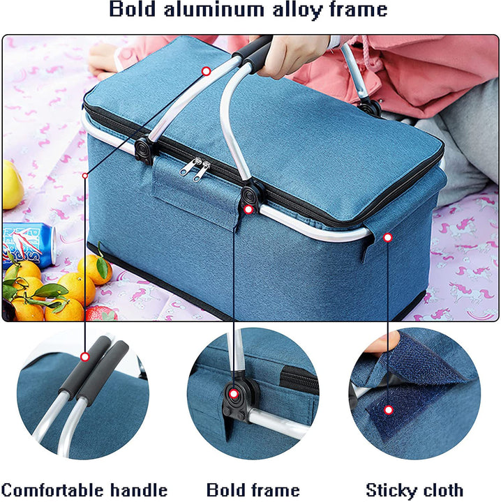 Black Portable Aluminum Foil Insulated Picnic Basket with Zipper Lid, 40x20x23cm