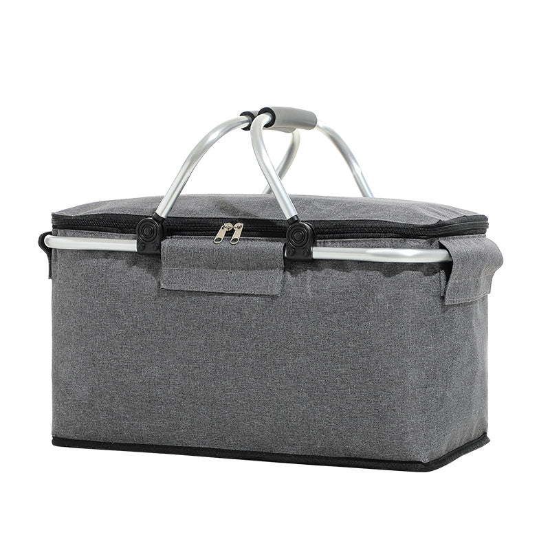 Grey Portable Aluminum Foil Insulated Picnic Basket with Zipper Lid, 40x20x23cm