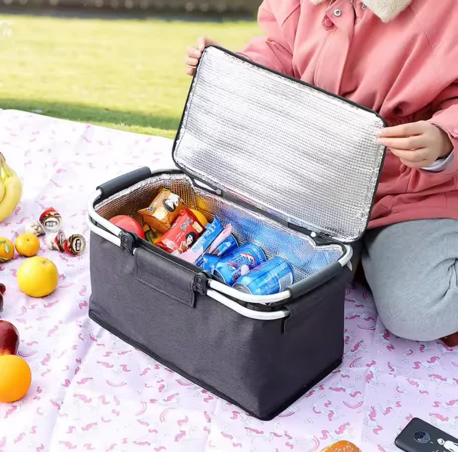 Grey Portable Aluminum Foil Insulated Picnic Basket with Zipper Lid, 40x20x23cm