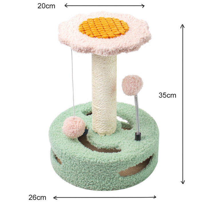 Green-pink Interactive Cat Scratching Post with Playful Ball Toys, Flower Design - 35cm Height, 26cm Base