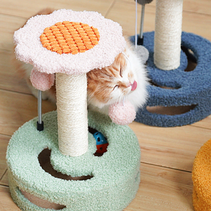 Pink-blue Interactive Cat Scratching Post with Playful Ball Toys, Flower Design - 35cm Height, 26cm Base