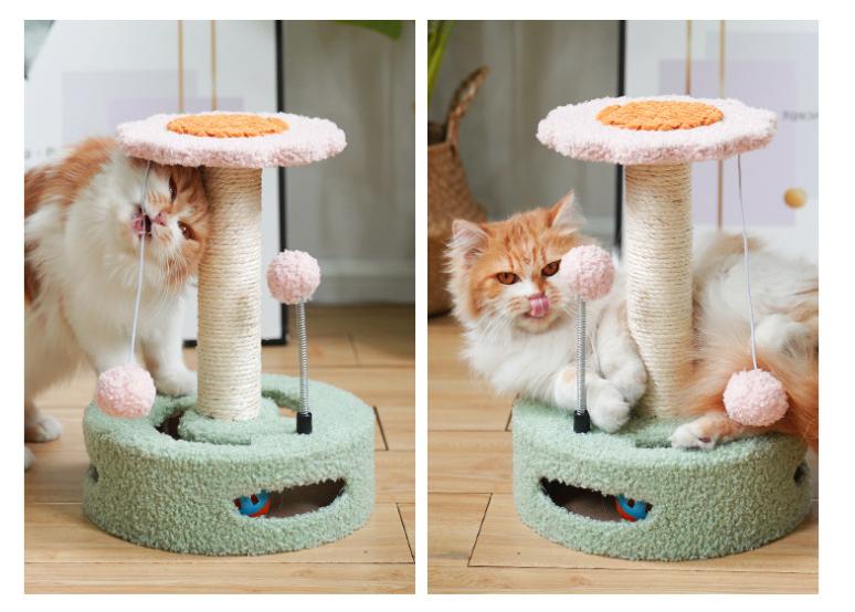 Pink-blue Interactive Cat Scratching Post with Playful Ball Toys, Flower Design - 35cm Height, 26cm Base