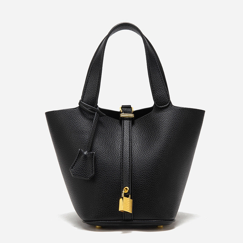 Black Elegant Women's Leather Tote Handbag with Gold Lock Detail