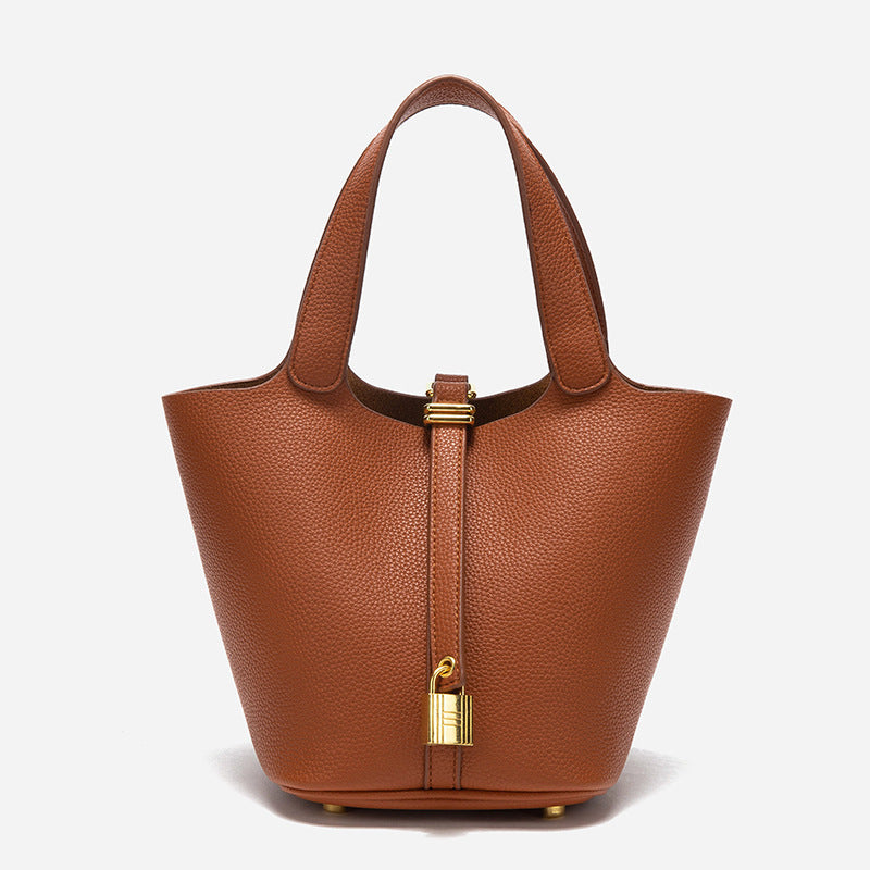 Brown Elegant Women's Leather Tote Handbag with Gold Lock Detail