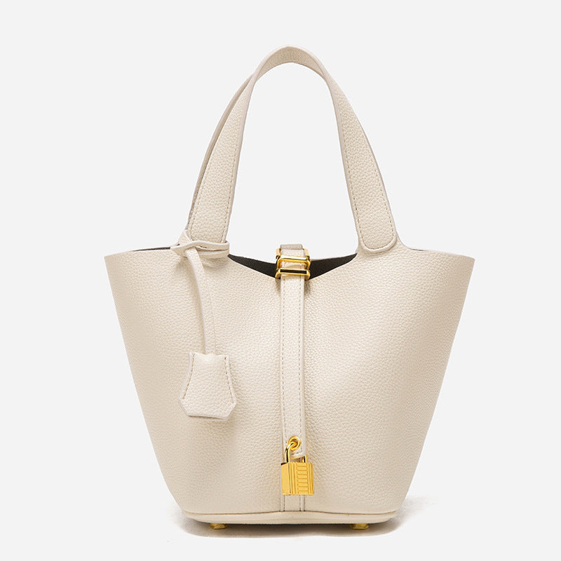 Beige Elegant Women's Leather Tote Handbag with Gold Lock Detail