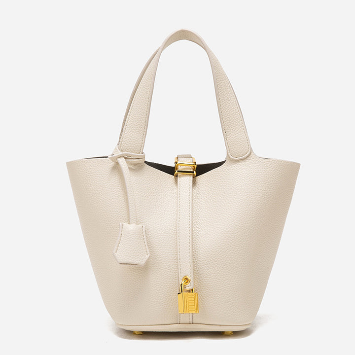 Beige Elegant Women's Leather Tote Handbag with Gold Lock Detail