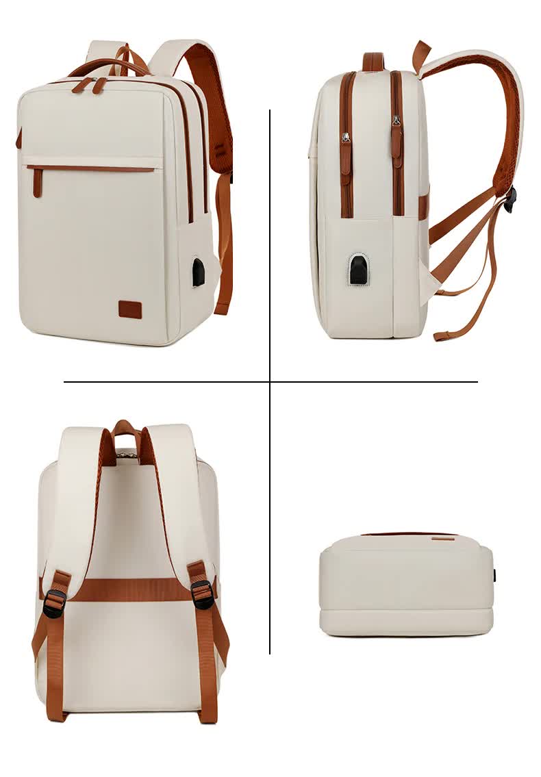 Beige Minimalist USB Charging Laptop Backpack - Elegant and Spacious Travel Bag