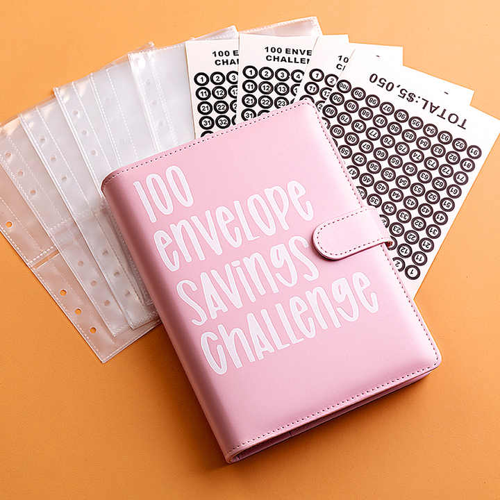 Pink 100-Day Savings Challenge Cash Binder with Tracker and Refillable Notebook