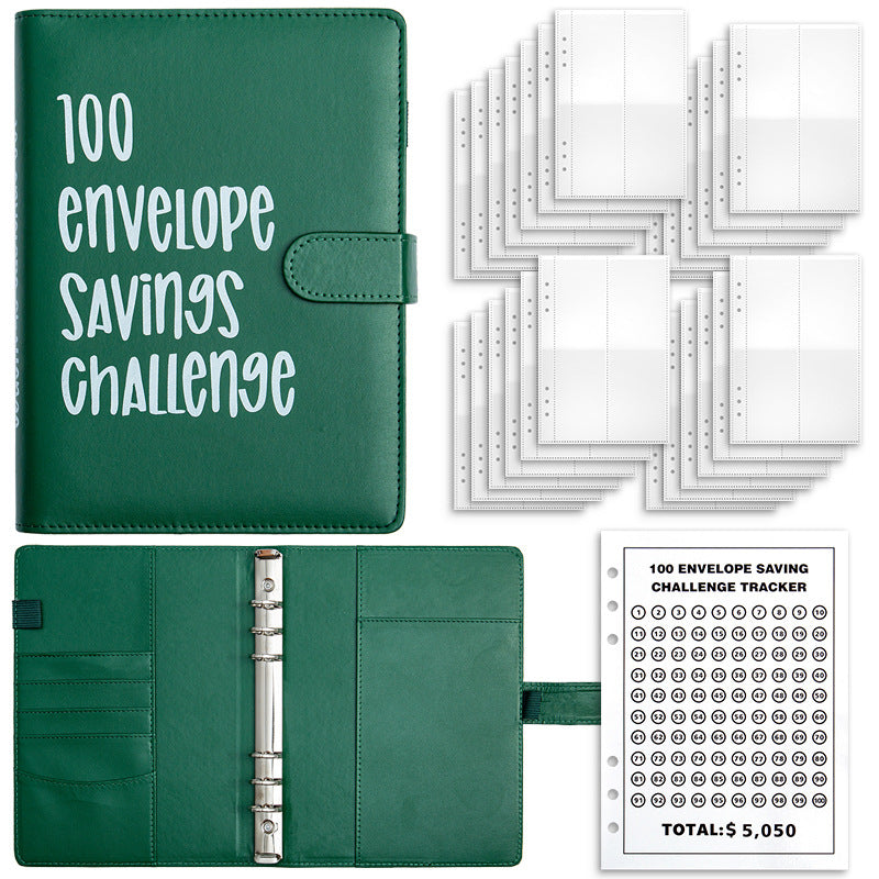 Green 100-Day Savings Challenge Cash Binder with Tracker and Refillable Notebook