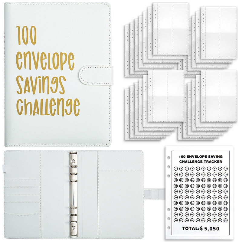 White 100-Day Savings Challenge Cash Binder with Tracker and Refillable Notebook